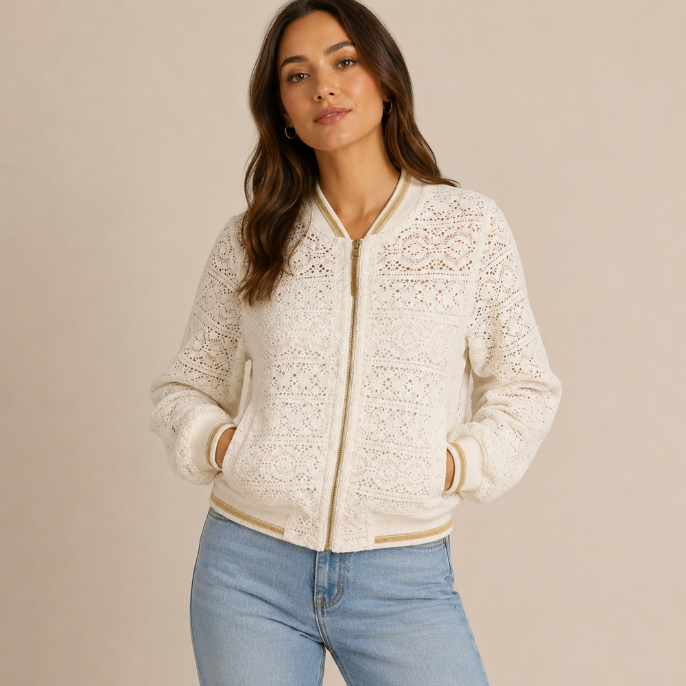 Anthropologie Hei Hei Crochet Bomber Jacket Cream Zip Front Medium